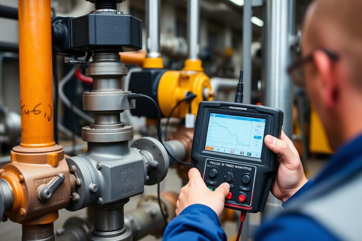Technician performing control valve diagnostics with portable test equipment