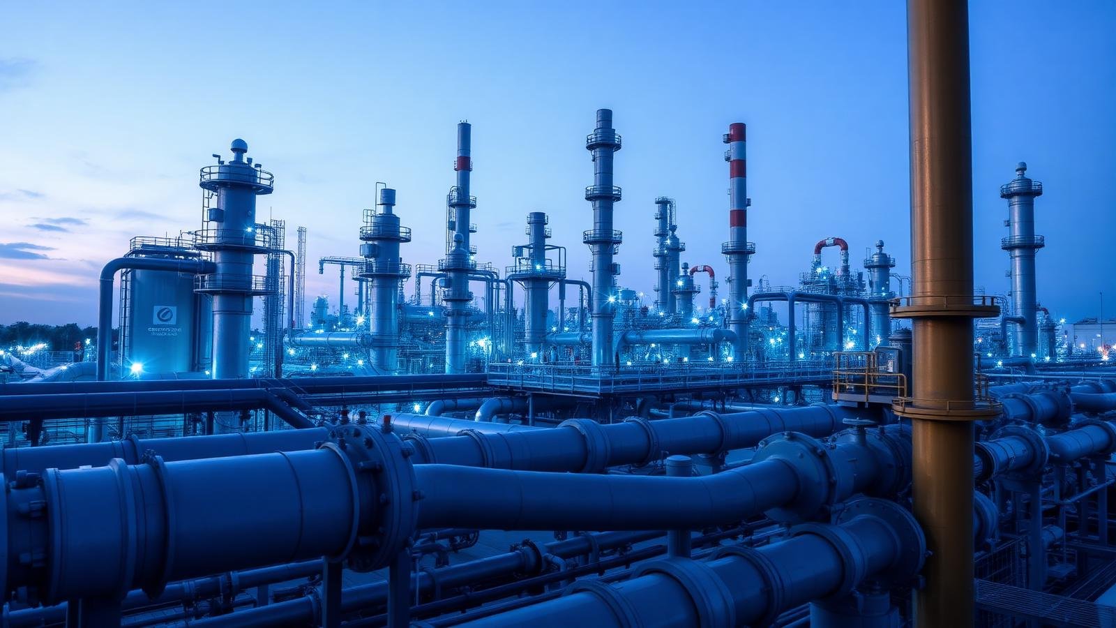 Industrial petrochemical plant with pipelines and control valves at dusk