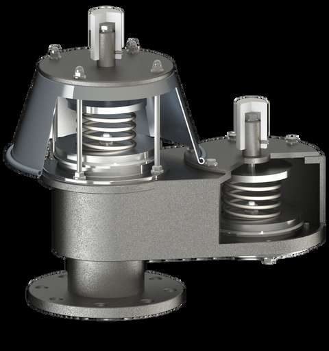 Cutaway view of a pressure vacuum relief valve showing internal springs and seats