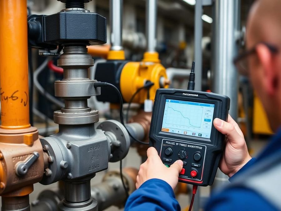 Technician running in-line diagnostics on a control valve with a portable analyser