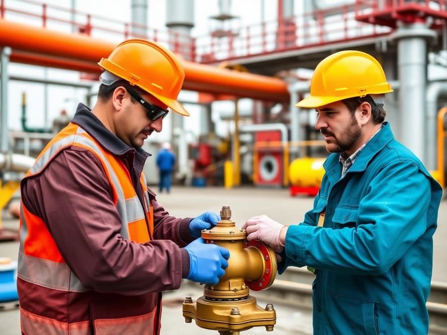 Technicians repairing a safety valve assembly during onsite plant service